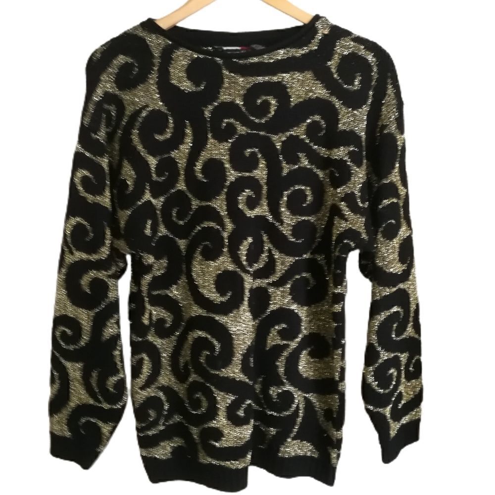 VINTAGE French Y2K 80s Black & Gold Arabesque Knitted Scoop Neck Sweater Large